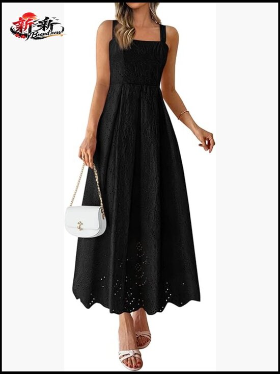Dresses & Skirts - Sleeveless Maxi Dress with Eyelet Square Neck Ruffle Beach Sundress